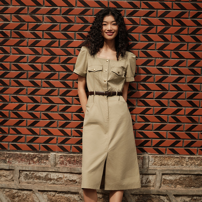Semir Women Square Neck Split Midi 2024 Summer New Salt-Washed Utility Dress With Vintage Vibes