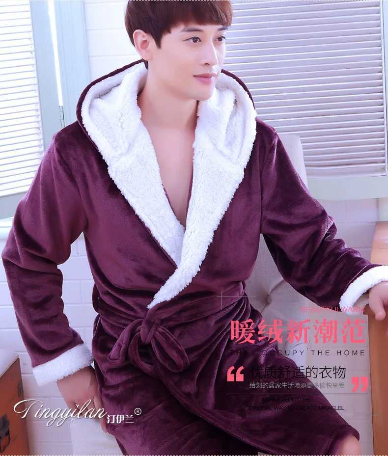 Mens Long Sleeve Flannel Bathrobe Thick Sleepwear Warm SPA Bathrobe Male Pajamas Belt Solid Soft Homewear Winter D-2096XJ241018