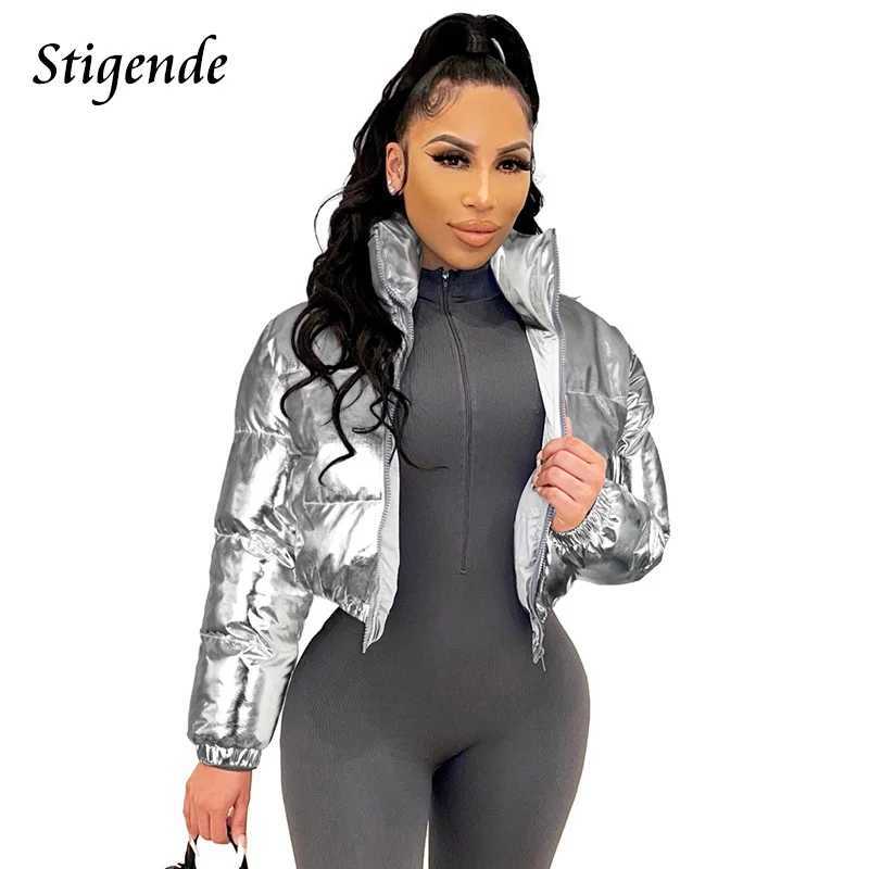 Parkas Womens Down Stigend Shiny Cotton Pad Gold Coat Womens Winter Warm Zipper Crop Top Patch Work Clothes Puffer Parka Coat Womens Vest Y24101