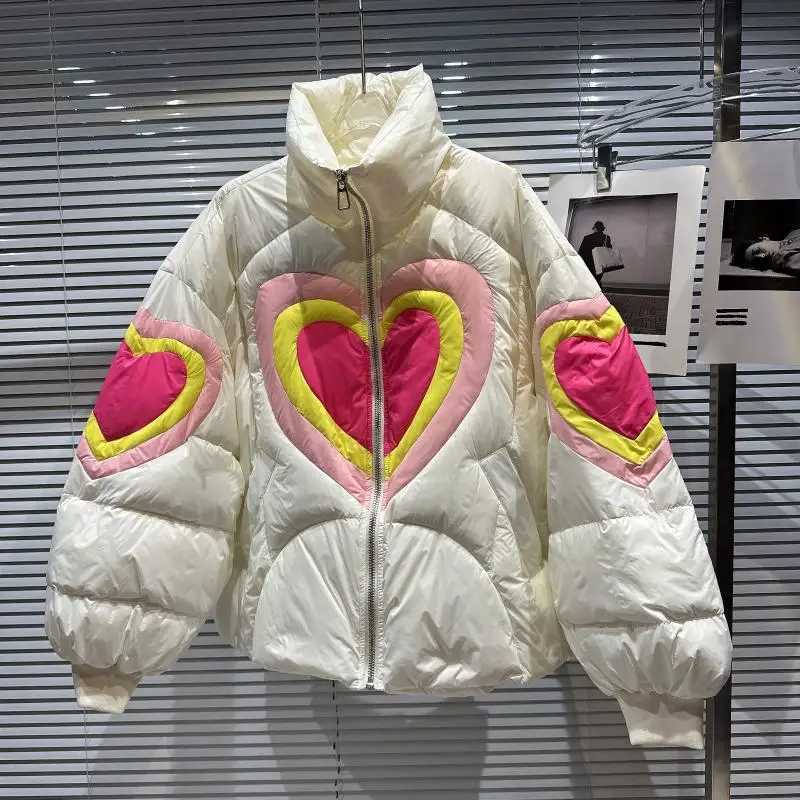 Womens Down Parkas Heart shaped printed down jacket for women highquality Parkas splicing fashionable couple cotton coat thick and warm winter jacket 