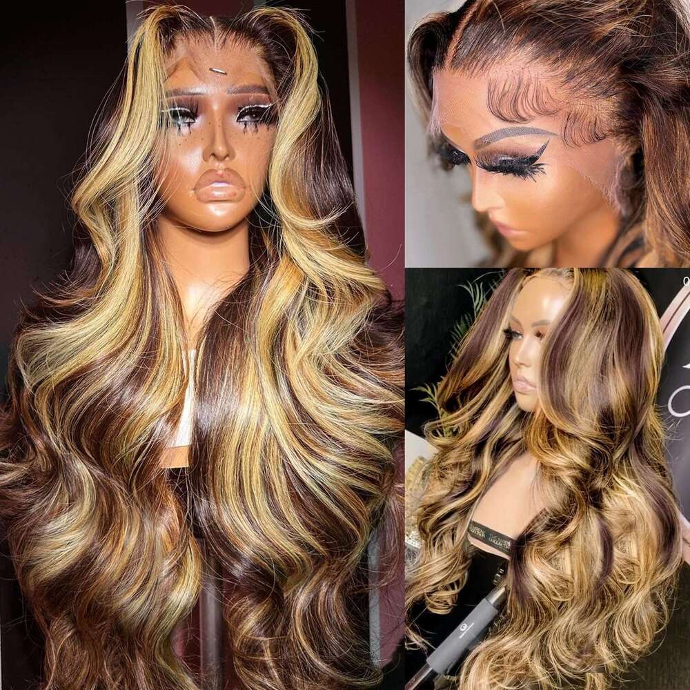 13x6 Highlight Human Hair Ombre Honey Blonde Colored 4x4 Closure Wigs For Women 34 30 Inch 13x4 Body Wave Lace Front Wig
