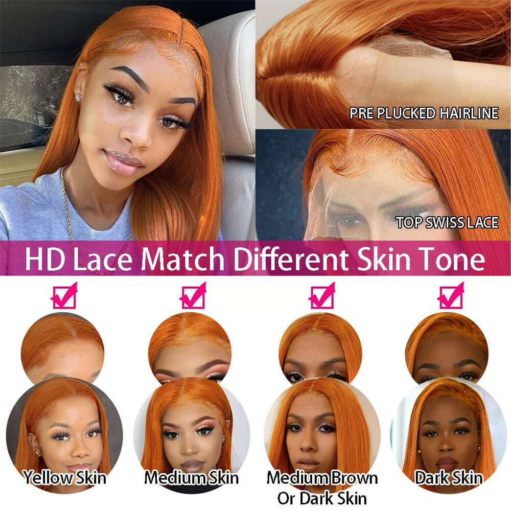Remy 200 Density Transparent 13x6 HD Frontal Straight Lace Front Wigs Human Hair Ginger Orange Black Wig Witout Glue