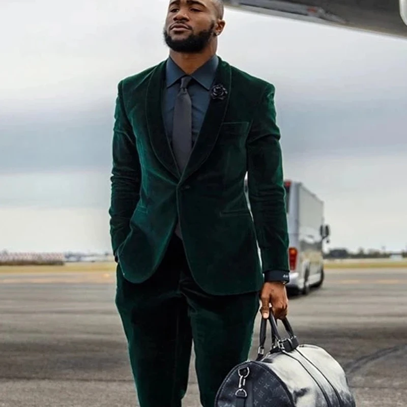 Velvet Formal Men Suits for Wedding Business Shawl Lapel Groom Tuxedo Custom Made Dark Green Male Fashion Jacket with Trousers 2024