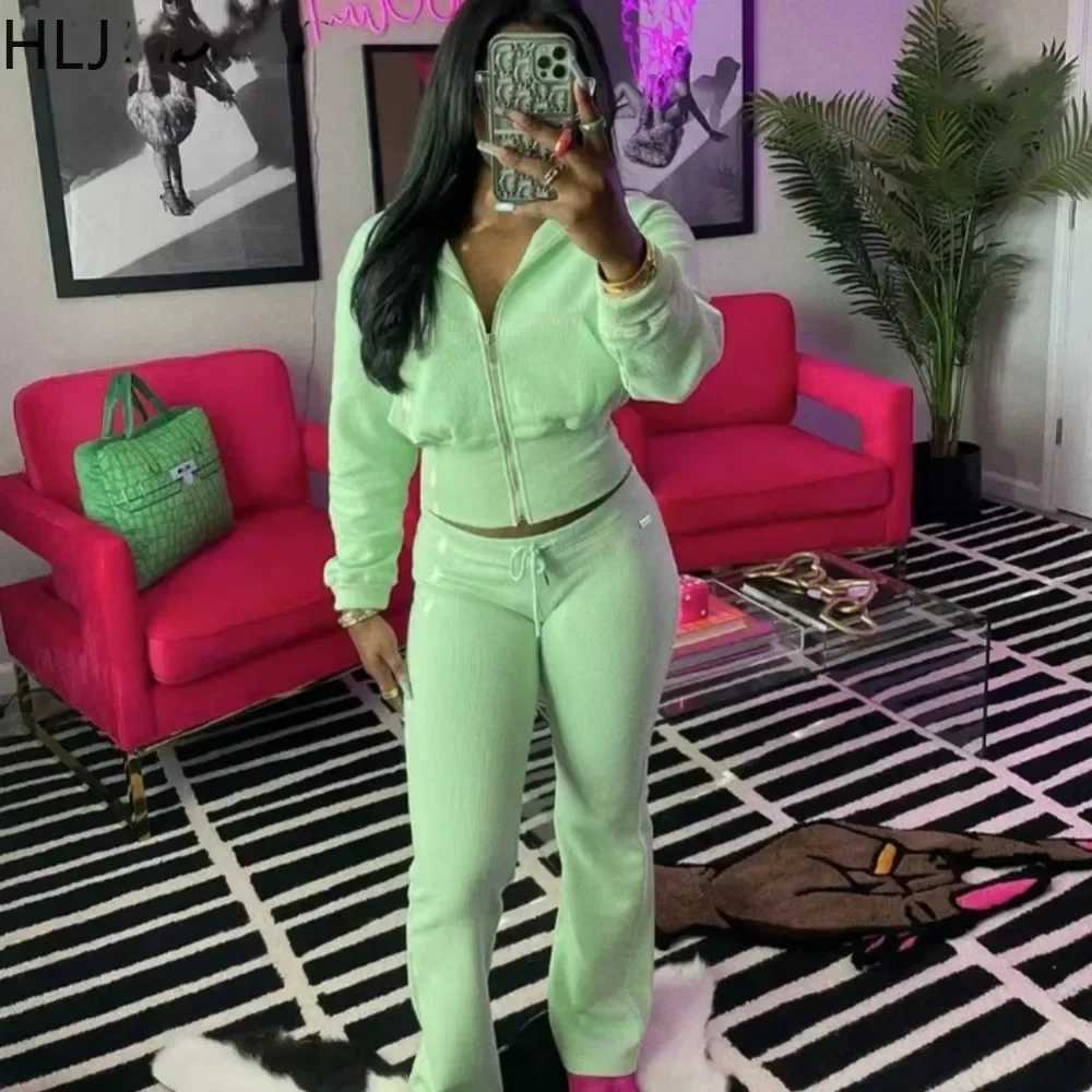 Women's Two Piece Pants HLJ autumn new waffle biscuit sport two-piece set womens zipper long Slve crop top jogging pants track suit womens clothi