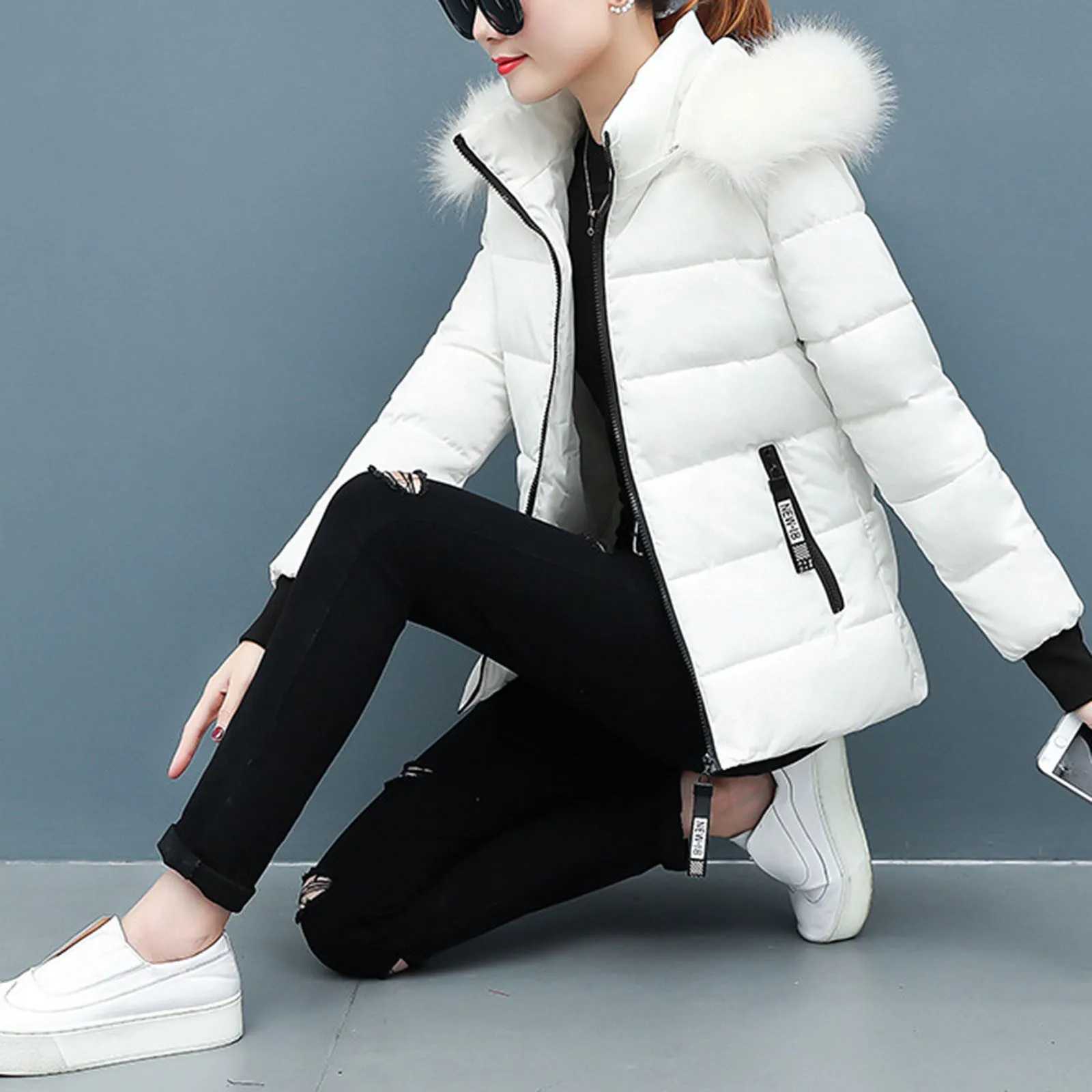 Pink Winter Cotton Puffer Coat Women Fluffy Hooded Zipper Thick Outerwear Lapel Windproof Warm Long Sleeve Down Jacket Fit CoatsX241019