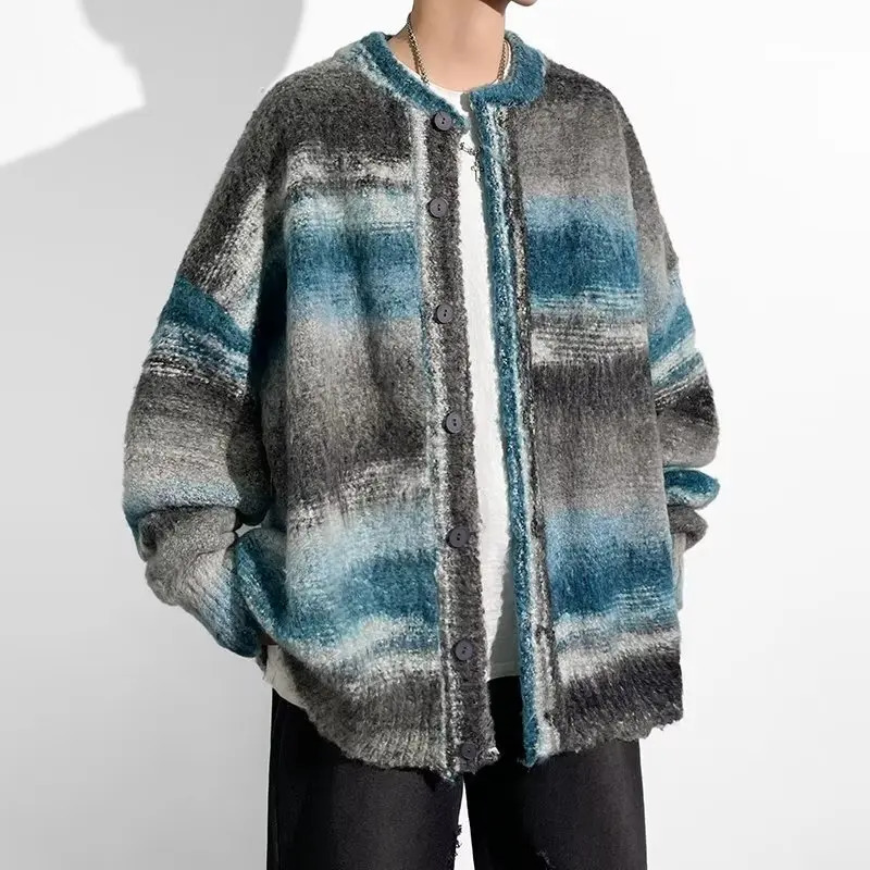 2024 Men Striped Sweater Casual Elastic Cardigan Harajuku Patchwork Knitted Warm Top Fashion Male Jumper Clothes 241009