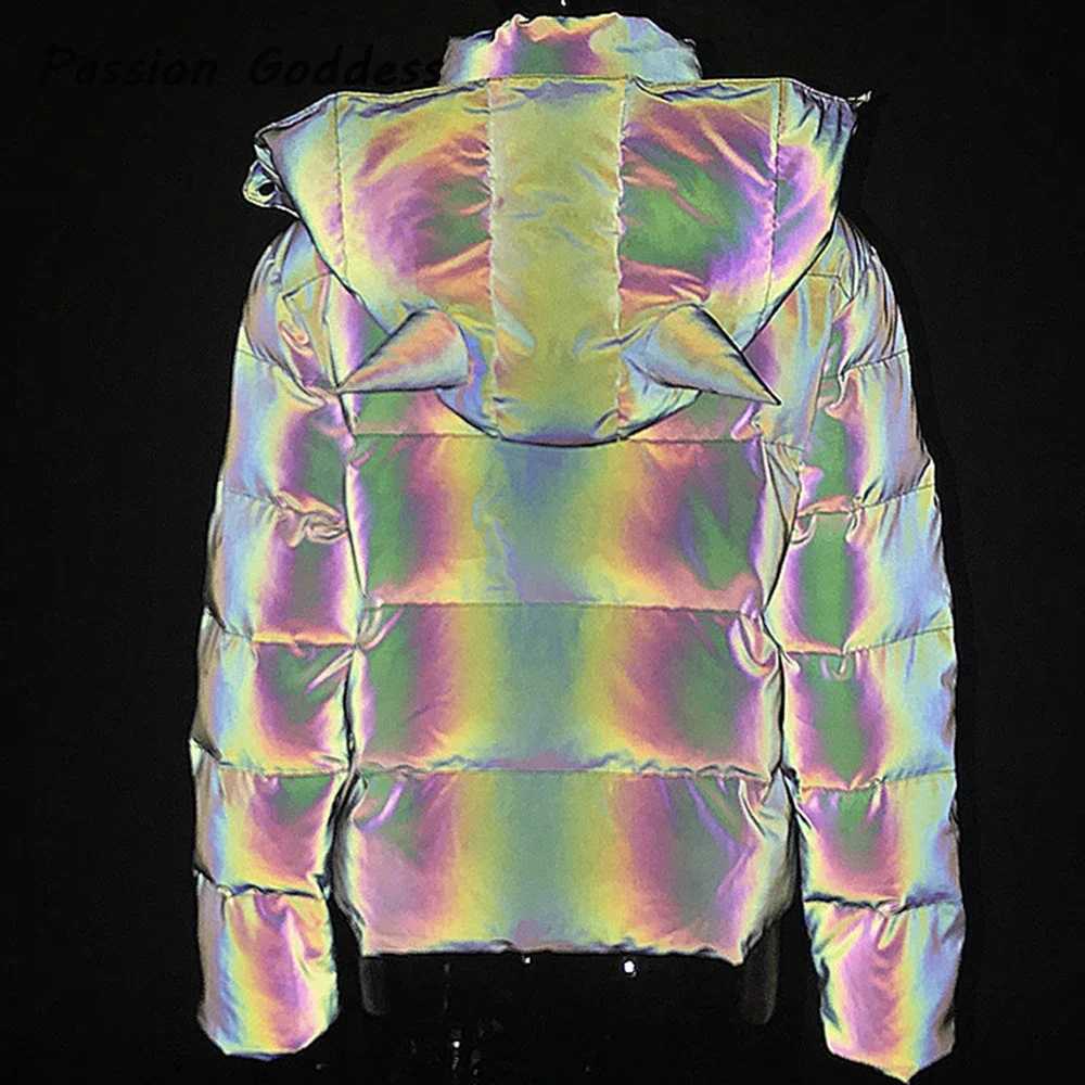Women's Down Parkas Womens Reflective Hoodie Parkas Down Bubble Jacket Inflatable Jacket Cool Shining Cute Hoodie Thick Coat Y241019JYYI