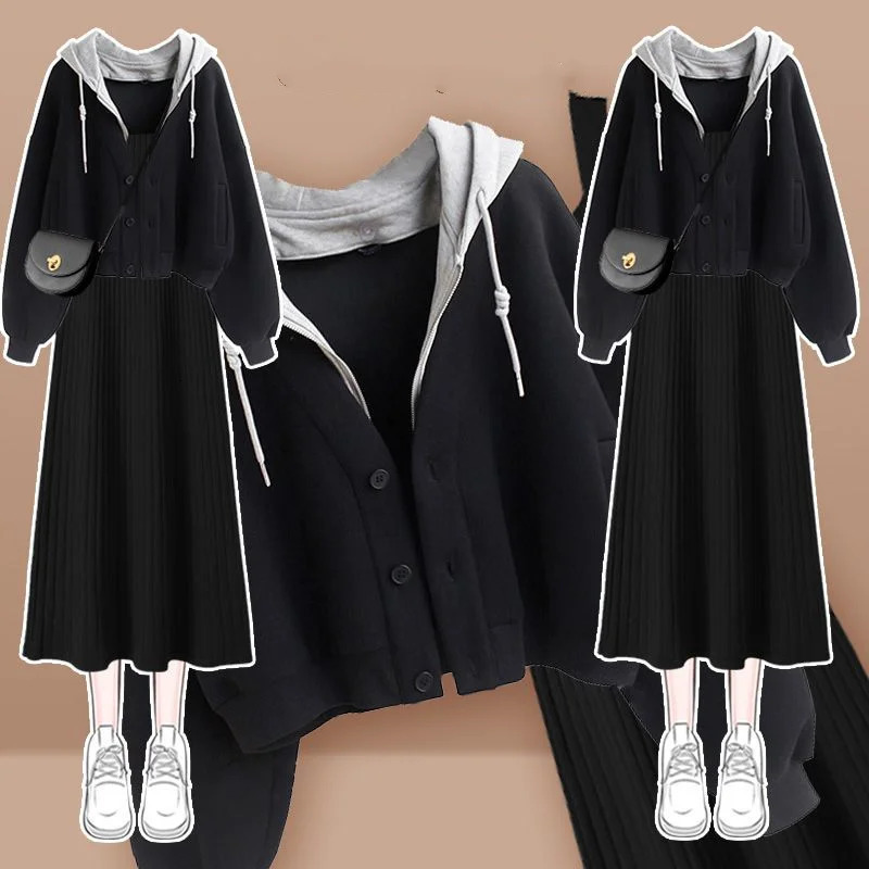 Womens Dress Spring and Autumn Single/Set Korean Fashion Casual Hoodie Knitted Dress Casual Jacket Two Piece Set 241018