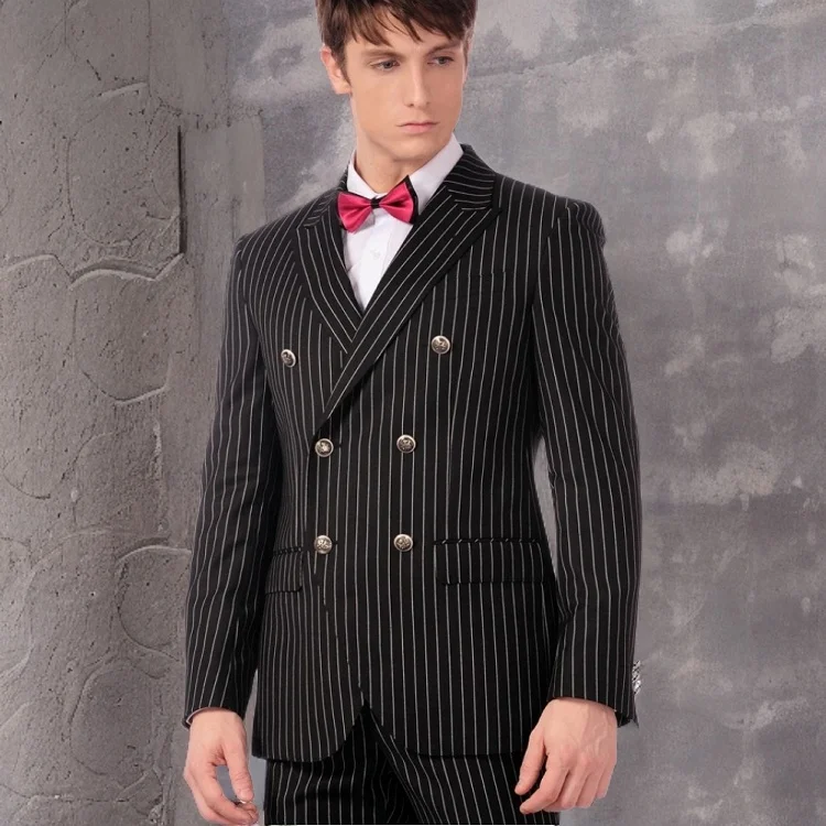 Pinstripe Italian Suits for Men with Double Breasted 2 Piece Striped Formal Business Jacket with Pants Male Wedding Groom Tuxedo