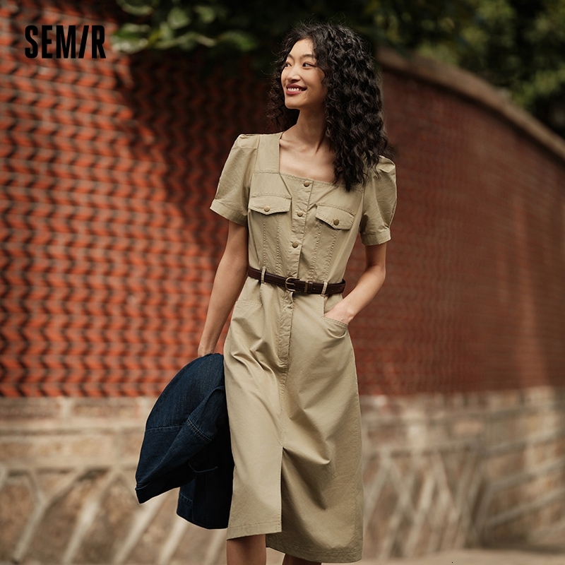 Semir Women Square Neck Split Midi 2024 Summer New Salt-Washed Utility Dress With Vintage Vibes