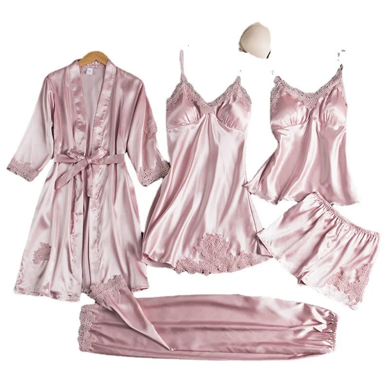 Womens Spring V-neck Lace Satin Pajama Set 5PC Silk Night Light Home Pajama Sexy Cami Vest Evening Dress 241009