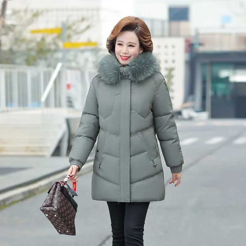 Middle-aged Womens Parkas Faux fur collar Jackets Winter Plus Velvet Lamb Hooded Coats Cotton Jacket Womens Mama OvercoatX241019