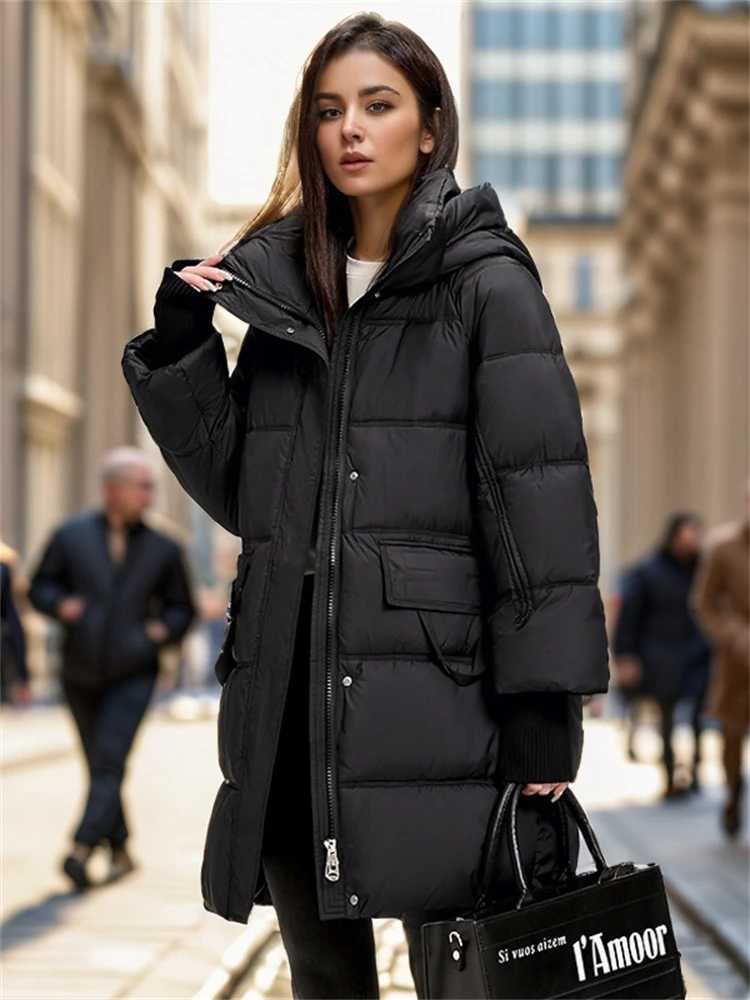 2024 Winter New Womens Loose Padded Down Jackets The Mid-Length Is Thickened Personality Pockets Warm Over-The-Knee JacketX241019
