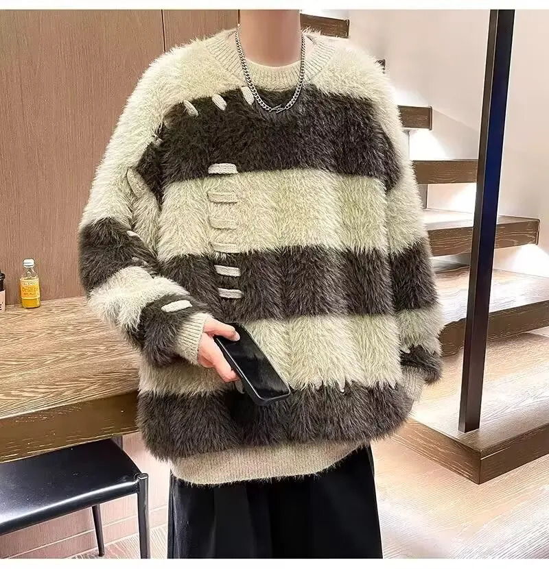 Mens Sweater Striped Contrasting Sweater Mink Fur Japanese Vintage Style Knitted Top Loose Lazy Style Furry Pullover Knitted 241007