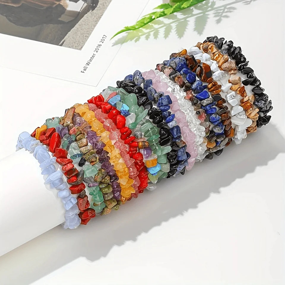 12 piece crystal chip bracelet set for women natural gemstone bracelet colorful gravel bead bracelet irregular chip bead bra 241018