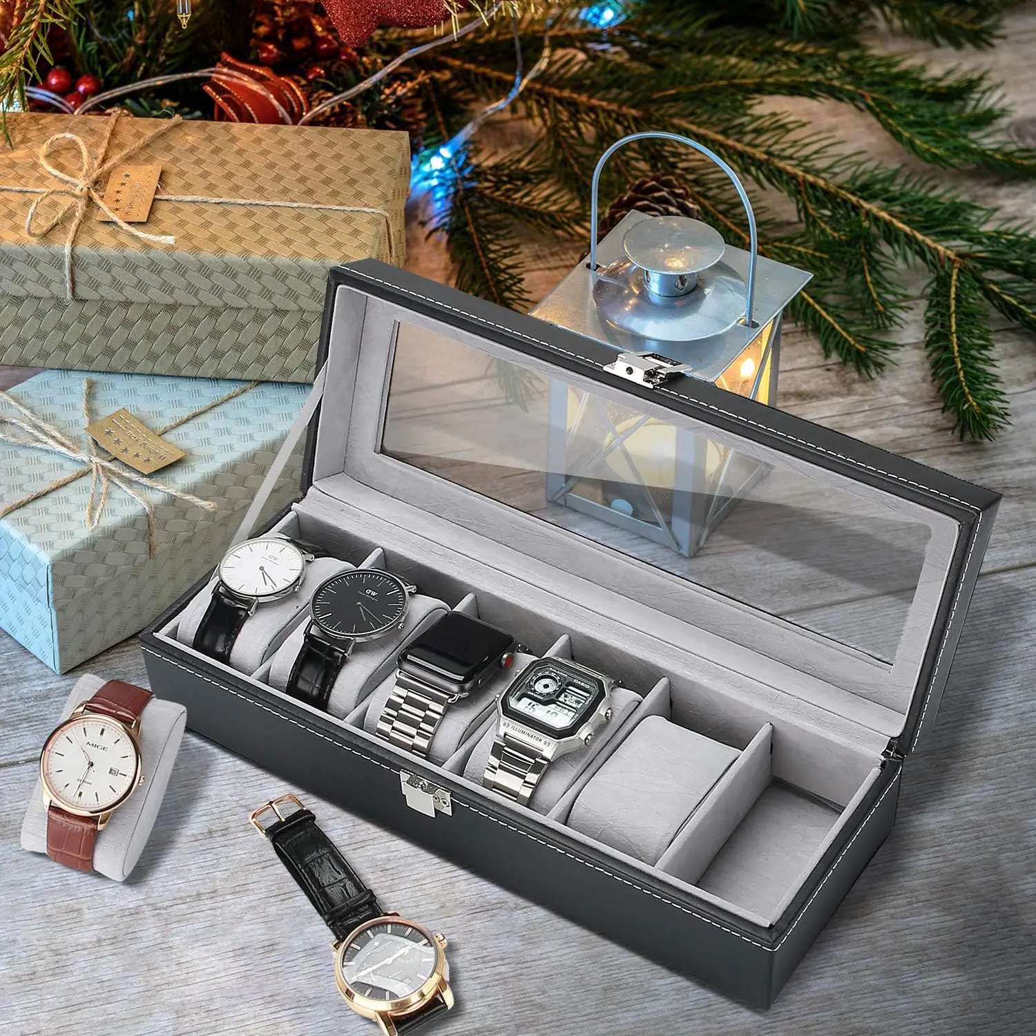 6-slot leather watch box organizer mens watch display box jewelry storage rack 241018 ww