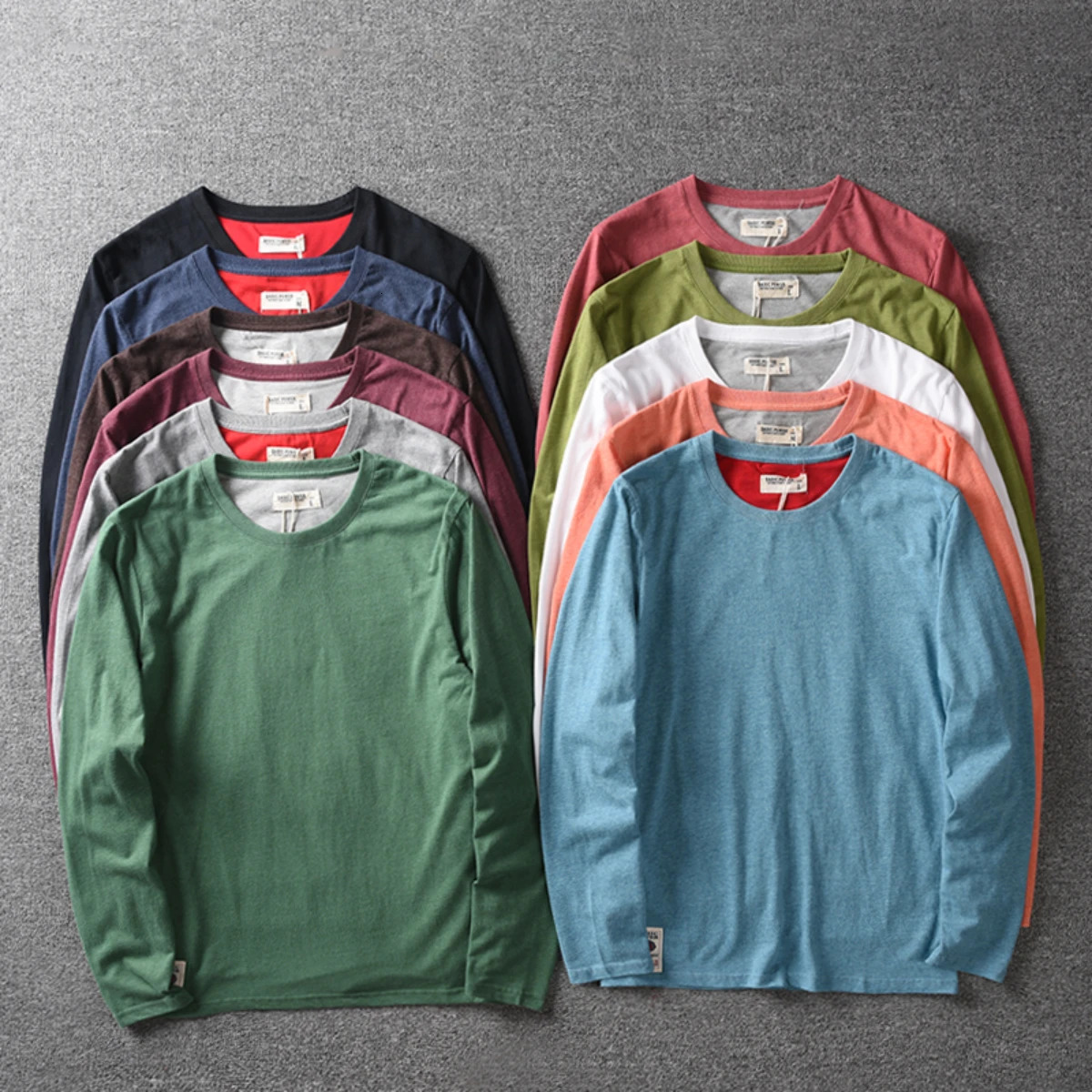 Mens long sleeved comfortable bottom shirt made of pure cotton washed with sand solid color T-shirt casual and fashionable multi-color 241019