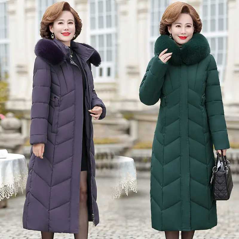 Women Warm Winter Long Parka Coat Middle-aged Mother Slim Down cotton Thicken Jacket Female Fur collar Hooded Outwear Parkas 8XLX241019