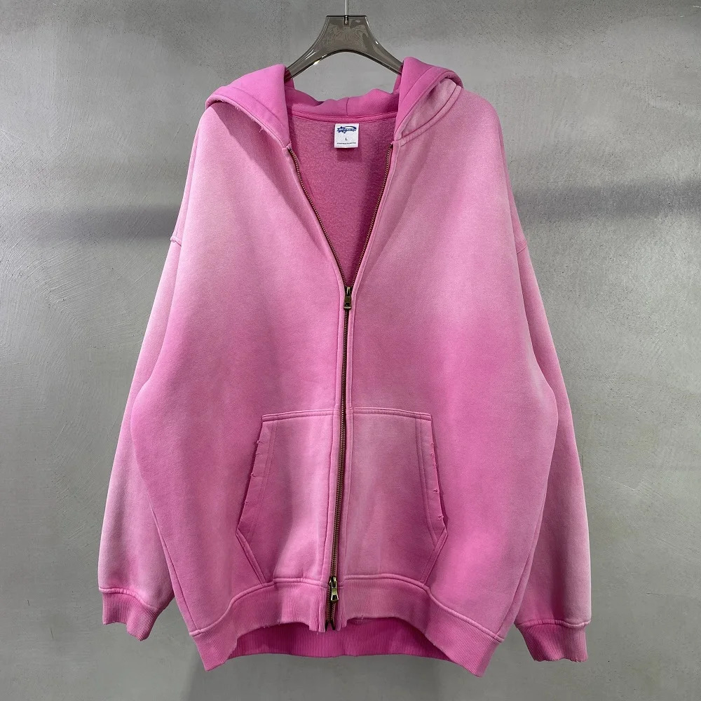 Batik fleece zippered destoryed hoodie washed high quality street hooded 241019
