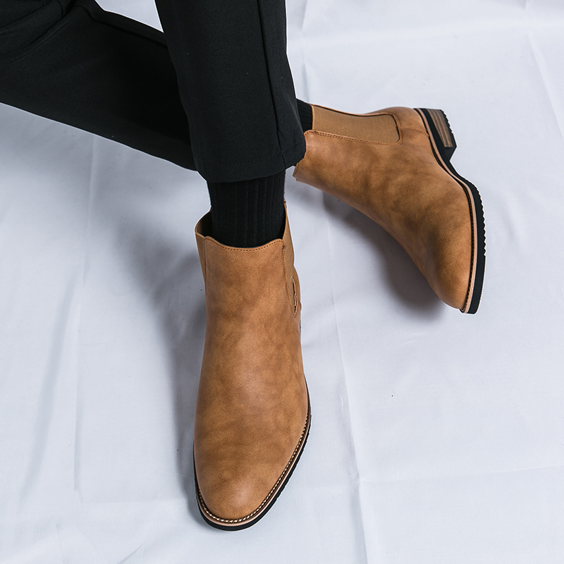 For Men Solid Color Slip On Ankle Boots Flat Short Toed Pointy High Top Pu Leather Shoes Ddmywed ddmythur