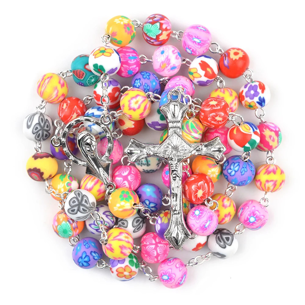Colored polymer clay bead necklace Virgin Mary Christian Catholic rose necklace 241018