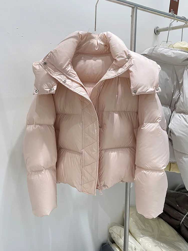Women's Down Parkas Janveny thick short bread down jacket womens winter warm solid inflatable jacket hooded 90% duck down jacket womens fluffy Pa