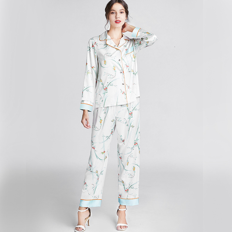 Designer's Autumn New Women's Pamas Plus Size 2-piece Set Of Imitation Silk Home Pajamas