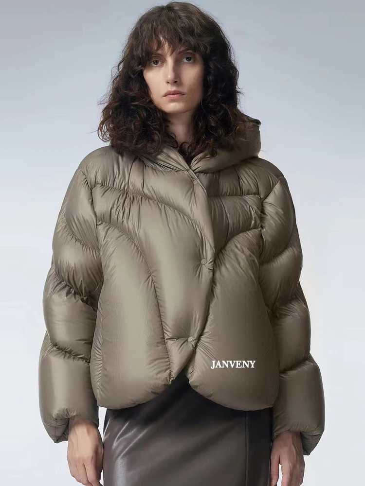 Women's Down Parkas Janveny New Winter lightweight fluffy down jacket for women solid color thick warm hooded Parka 90% white duck down casual ja