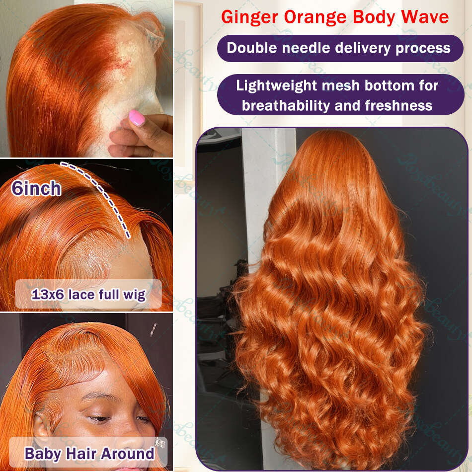 Ginger Orange Body Wave 13x4 Front Wigs Human Hair 13x6 13x7 Frontal Pre Plucked Hd Transparent Lace 350 Color Wig