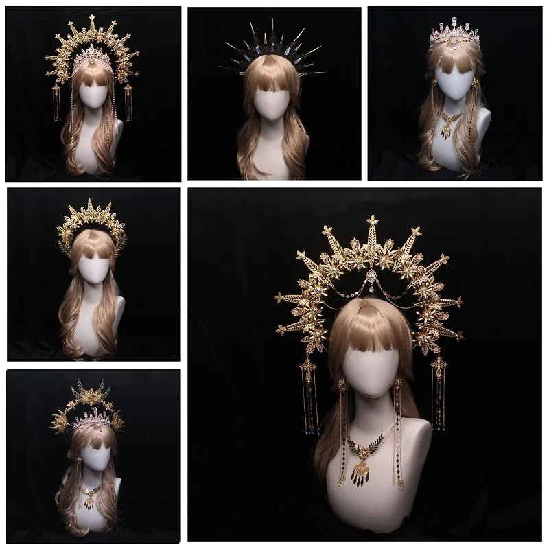 Gothic Headband Lolita Crown Tiaras Headband Virgin Mary Headpiece Unfinished Baroque Crown Fairy Goddess Hair Accessories 241018