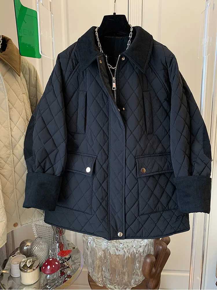 Turn-down Collar M-3XL Patchwork Contrast Color Rhombus Cotton Padded Coat Long Sleeve Zipper Lady Retro JacketX241019