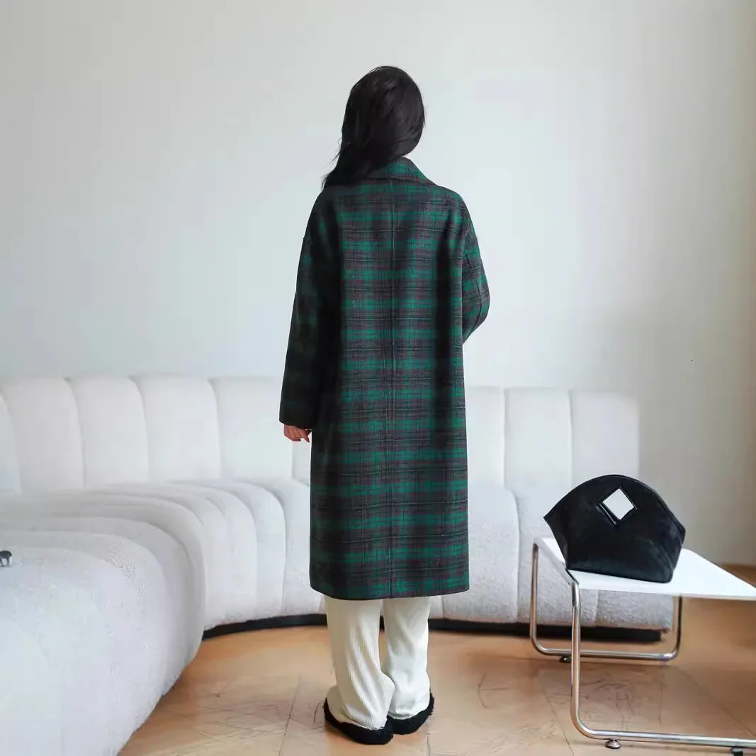 Green plain double-sided wool coat for women autumn and winter mid length knee simple plain wool coat free delivery 241019