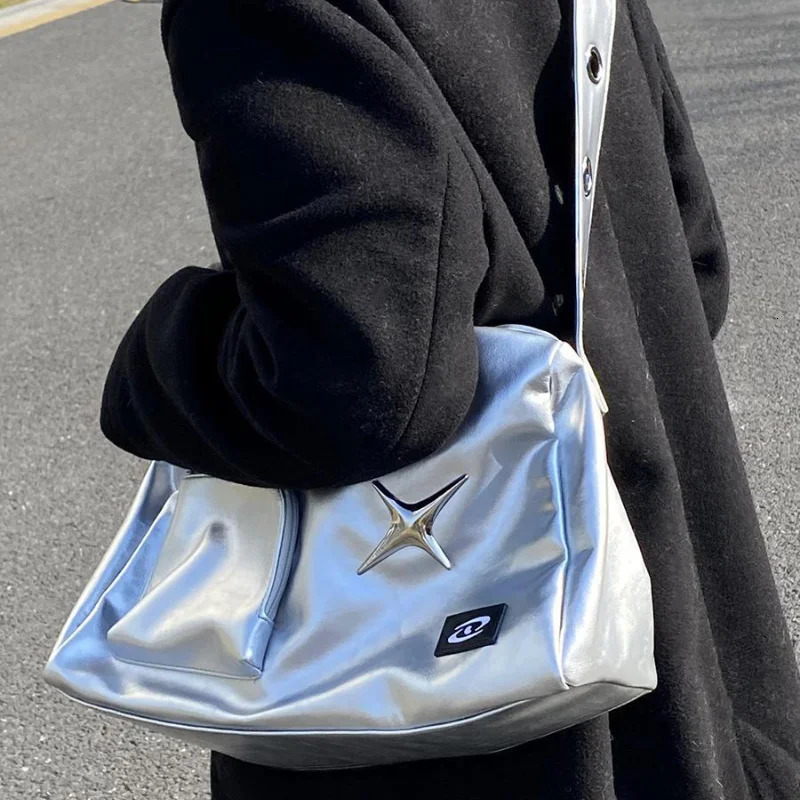 MBTI Silver Y2k Womens Handbag Fashion er Large Capacity Shoulder Bag Pu Leather Shopping Handbag 241018