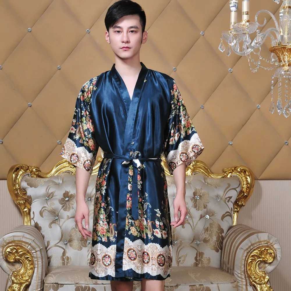 Men Kimono Bathrobe Chinese Style Robe Gown Print Flower Sleepwear Casual Nightwear Rayon Negligee Loose Intimate LingerieXJ241018