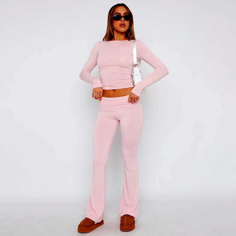 Women's Two Piece Pants CUTENOVA Womens Spring Casual 2-piece Set Long Sleve Crew Neck Crop Top Low Waist Flare Pants Casual Set Y2410198I92