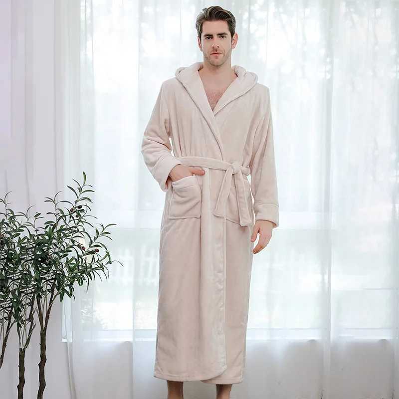 Men Sleepwear Thicken Flannel Bathrobe Gown Loose Robe Winter Warm Kimono Bath Gown Long Peignoirs Shower Robes Home ClothesXJ241018