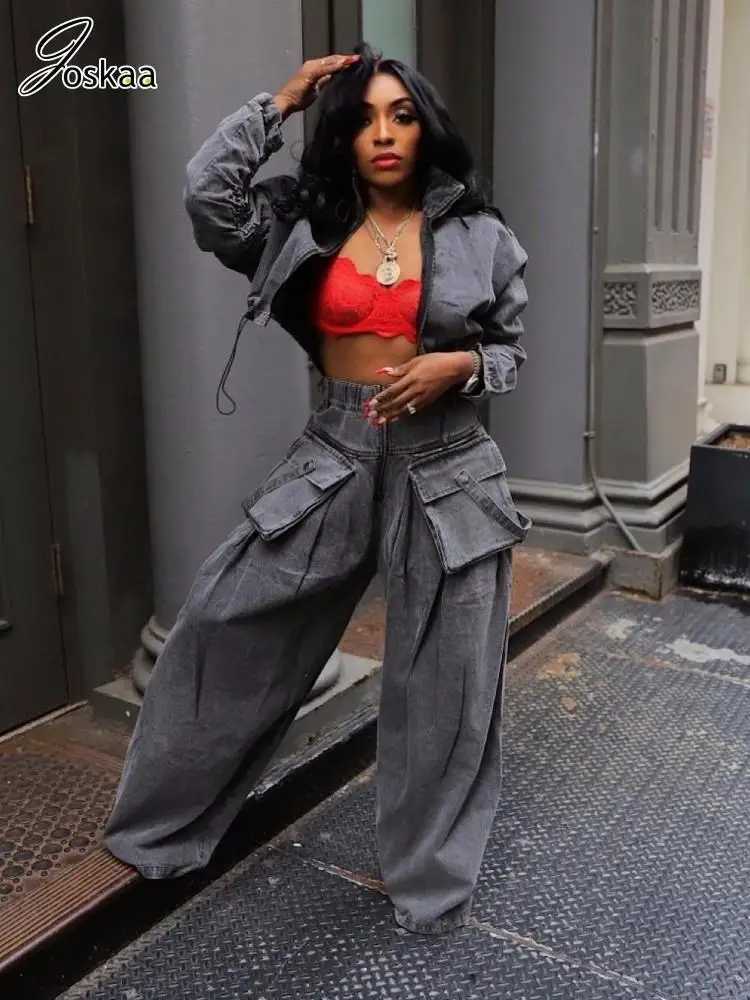 Women's Two Piece Pants Joskaa casual denim two-piece womens solid long Sleve zipper drawstring jacket and pocket jeans competition 2024 Y2K T-sh