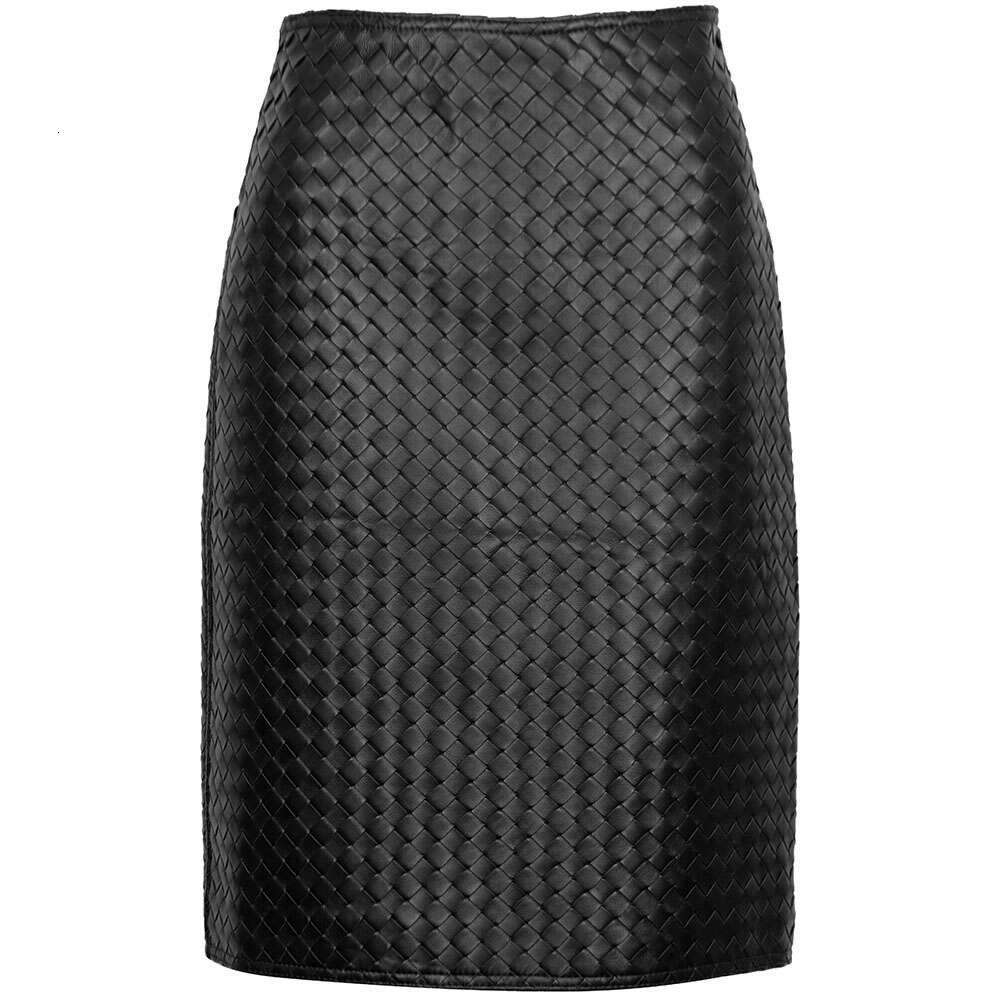 Yoloagain 2024 Spring New Hand-Woven High Waist Straight Real Leather Skirt Women