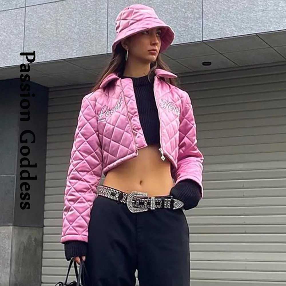 Women's Down Parkas Autumn Y2K Style Women Satin Check Jackets Letter Embroidery Turn Down Collar Outwear Coats Swt Cool Mujer Crop Jacket Y24101