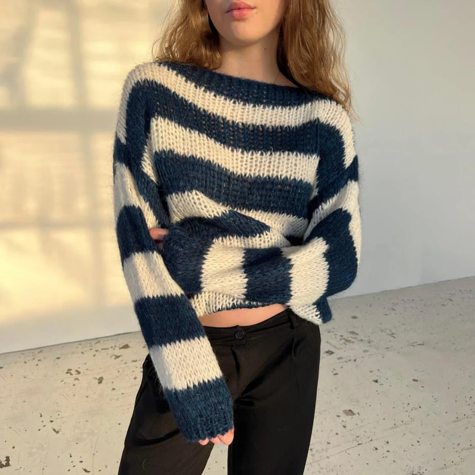 Women Y2k Oversized Striped Sweater Color Block Crew Neck Long Sleeve Pullover Jumpers Cute Retro Preppy Streetwear 241010