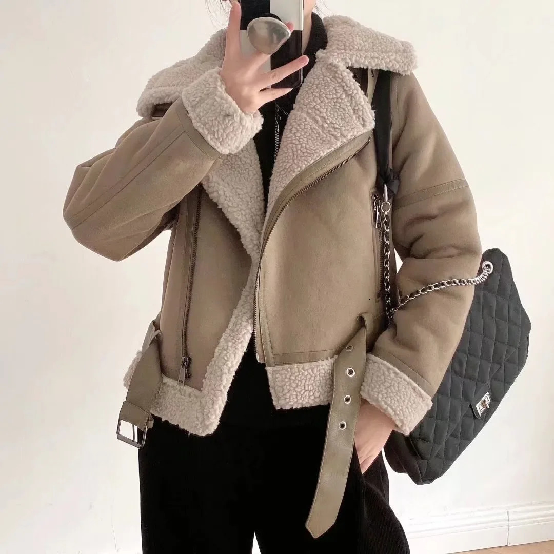mens winter thick warm suede sheepskin jacket short motorcycle brown jacket artificial wool sheepskin jacket 241007