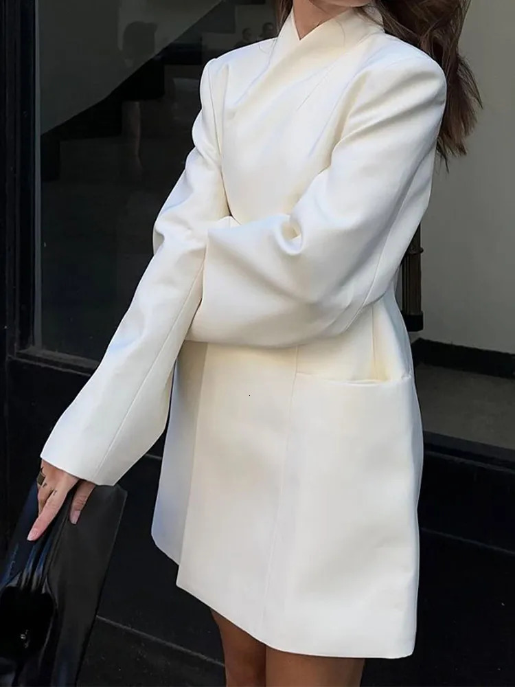 Women Fashion Solid Stand Collar Loose Long Coat With Shoulder Pads Elegant Full Sleeves Cardigan Coats Chic Lady Street Wear 241010