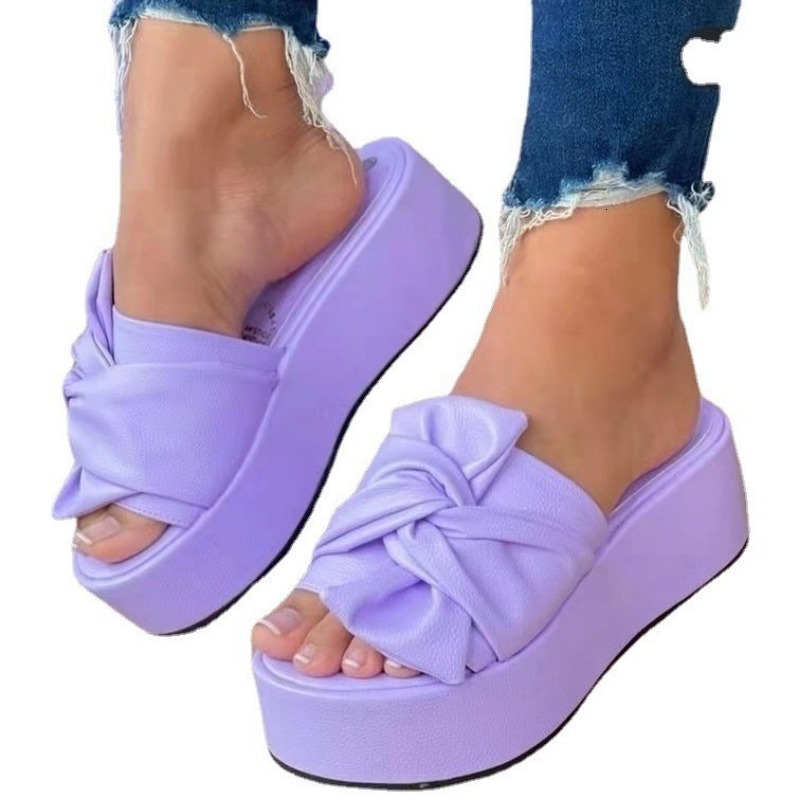 2025 New designer plus size bow flap women's shoes scarf wearing wedge slippers