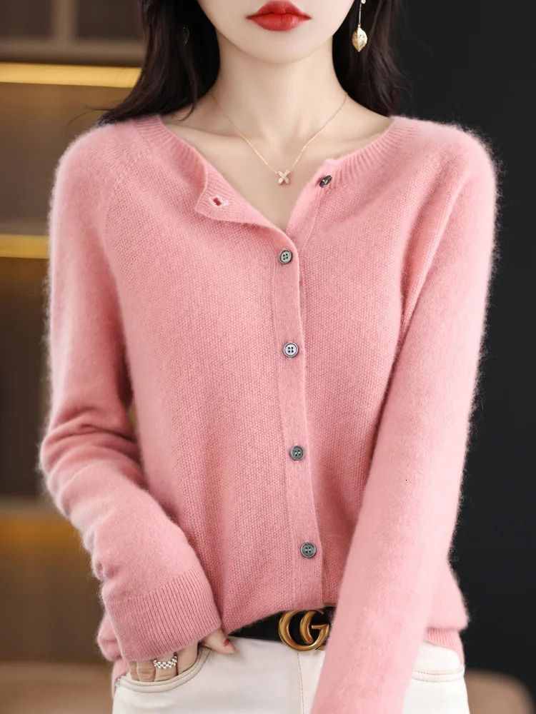 Spring 100% Merino Wool Womens O-neck Open cardigan Cashmere Sweater Womens Clothing Elegant Knitted Korean Top 241018