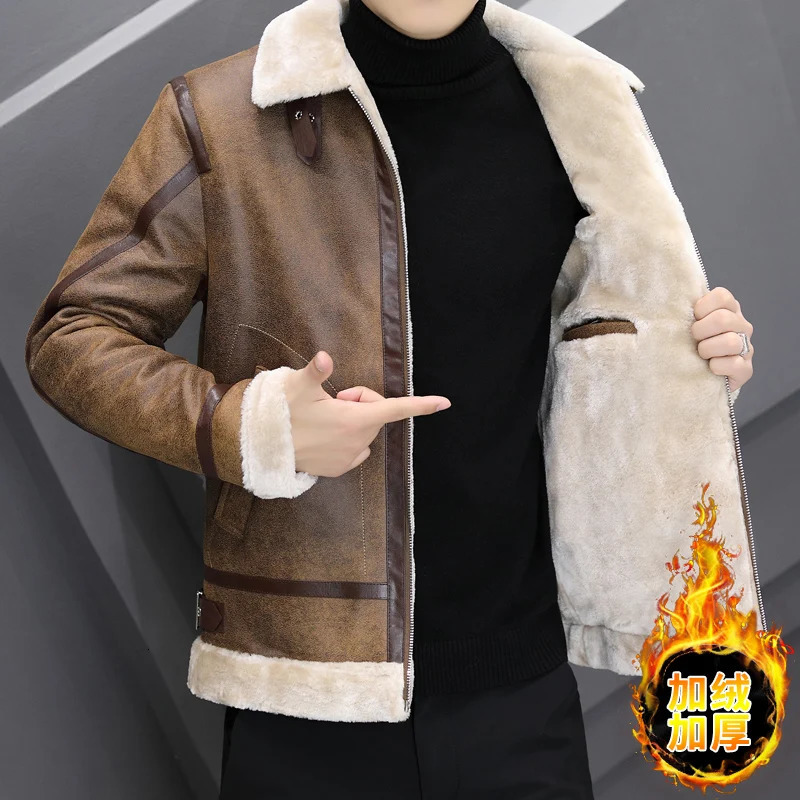 Winter Leather jacket Mens Warm Fashion Casual Thicken Lamb Wool Jacket Men Loose Thick Solid color Coats 241010