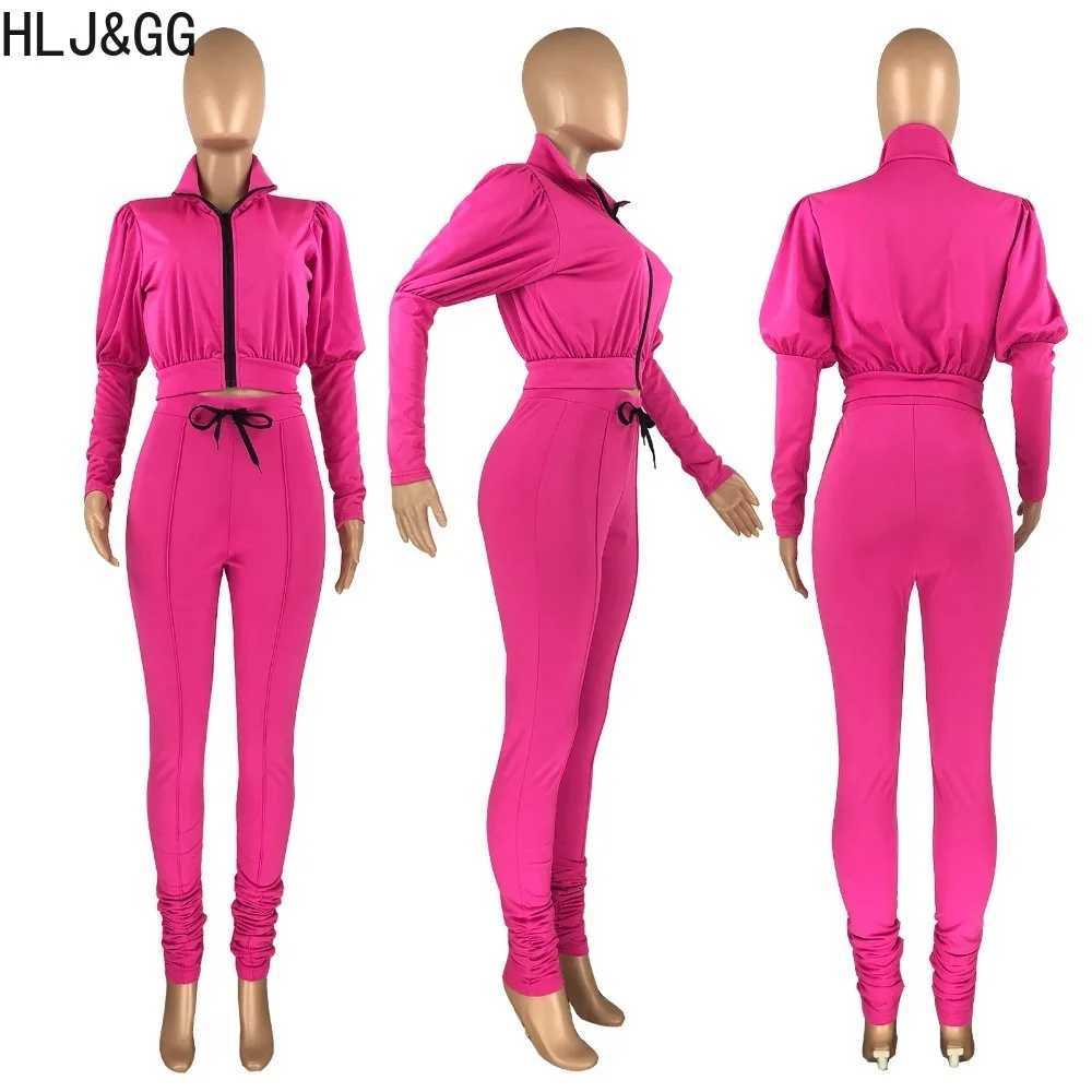 Women's Two Piece Pants HLJ GG casual brushed sports two-piece set womens zipper long Slve crop top and pants track and field clothing womens two