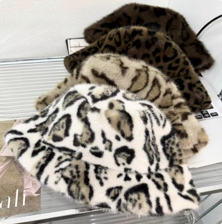 Winter Leopard Print Bucket Hat Wide Brim Hats Fashion Women Imitation Mink Wool Thick Warm Fluffy Basin Hat