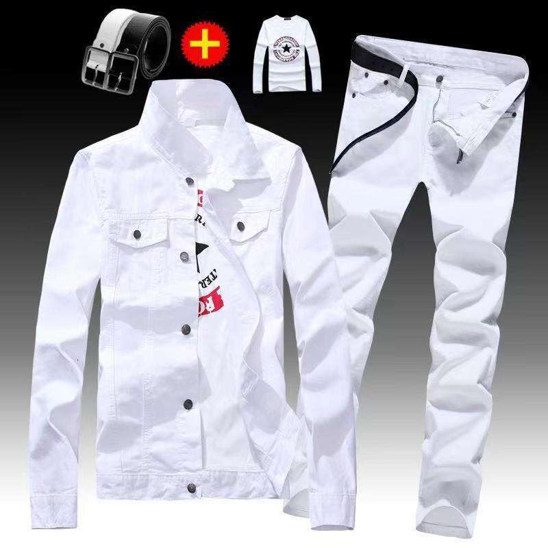 Spring Autumn Mens Denim Jacket + Jeans Pants Set Fashion Letters Printed Coat Trousers Two Piece Denim suit