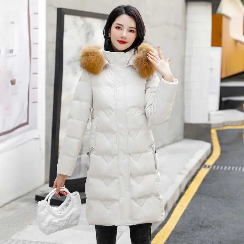 Parkas Women 2024 Winter New Fashion Slim White Duck Down Coat Female Thick Fur Collar Hooded Warm Large Size Long Down JacketX241019