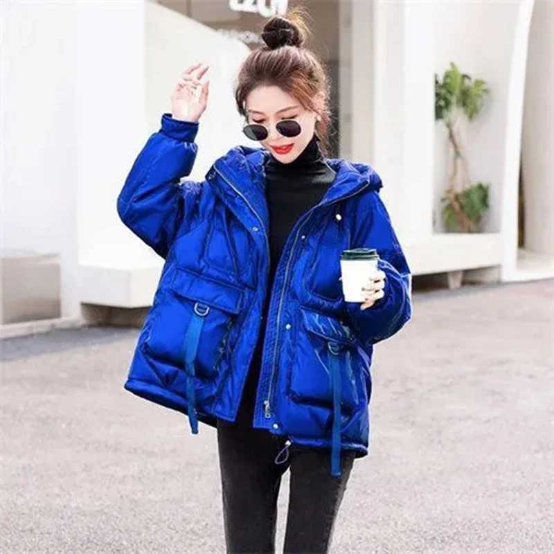 Winter New glossy Down Cotton Jacket Thick Warm Hooded Puffer Jacket Women Parka Oversized Korean Coat Black Red Green Blue topsX241019